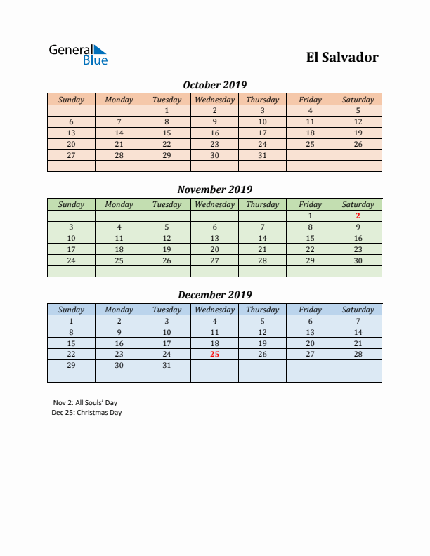 Q4 2019 Holiday Calendar - El Salvador