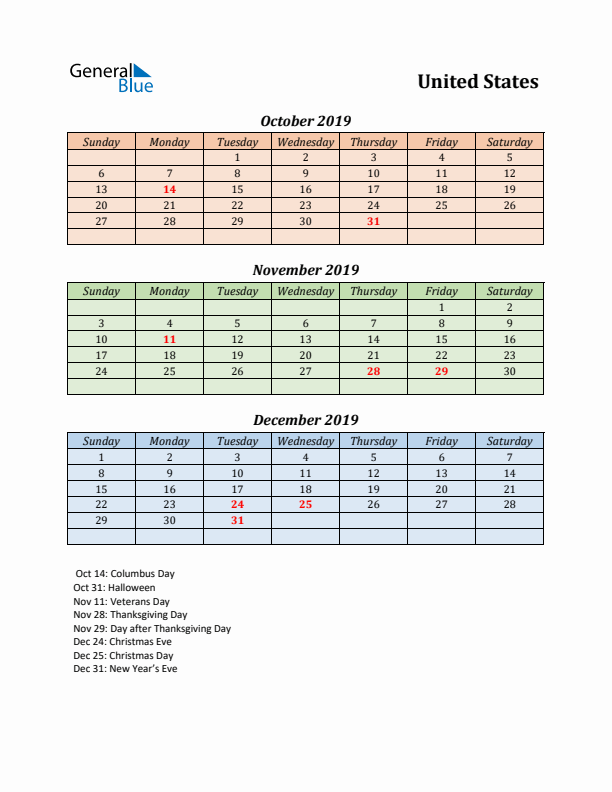 Q4 2019 Holiday Calendar - United States