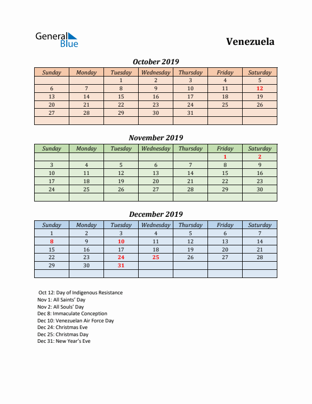 Q4 2019 Holiday Calendar - Venezuela