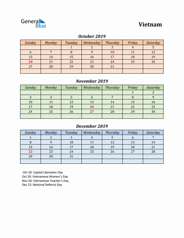 Q4 2019 Holiday Calendar - Vietnam