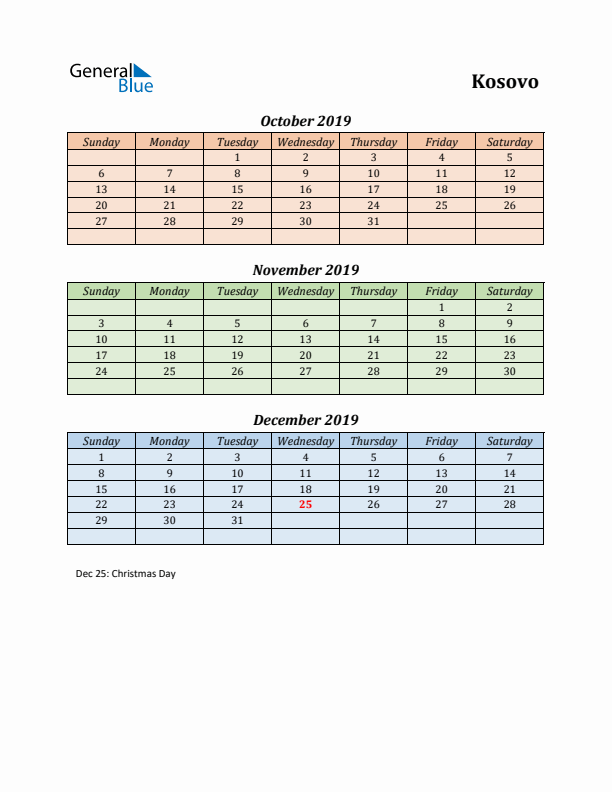 Q4 2019 Holiday Calendar - Kosovo