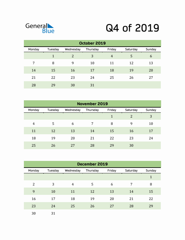 Printable Quarterly Calendar (Q4 2019)