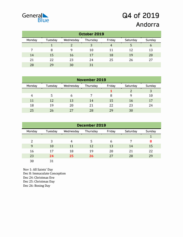 Quarterly Calendar 2019 with Andorra Holidays