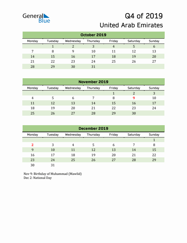 Quarterly Calendar 2019 with United Arab Emirates Holidays