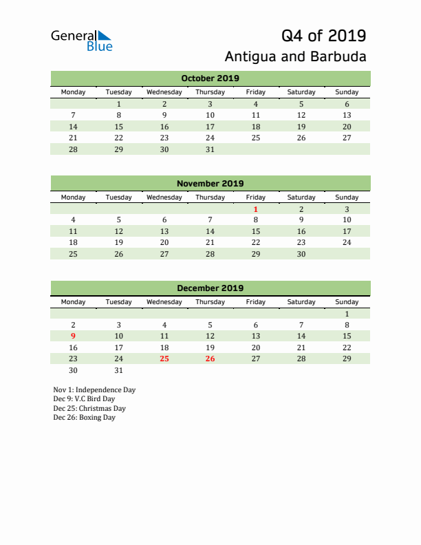 Quarterly Calendar 2019 with Antigua and Barbuda Holidays