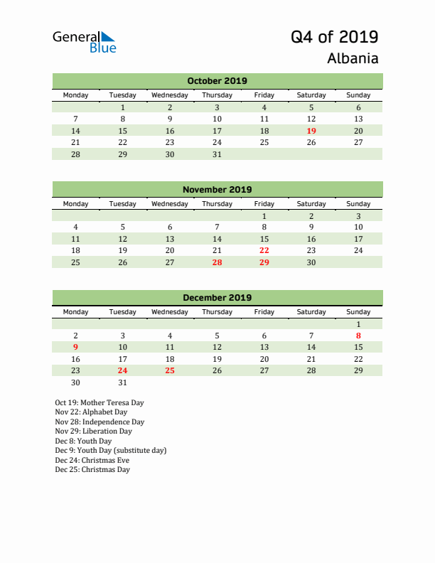 Quarterly Calendar 2019 with Albania Holidays