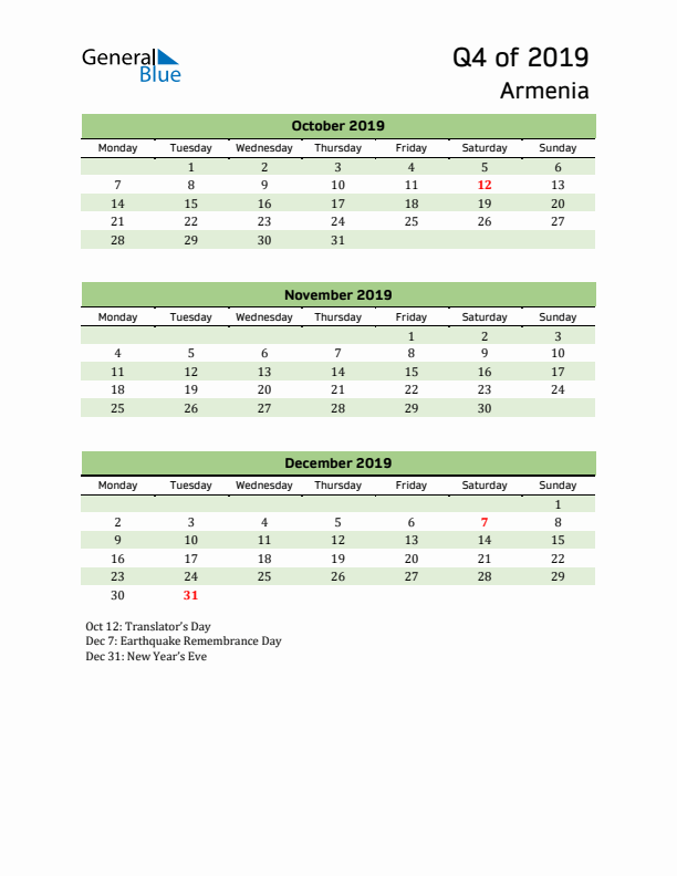 Quarterly Calendar 2019 with Armenia Holidays