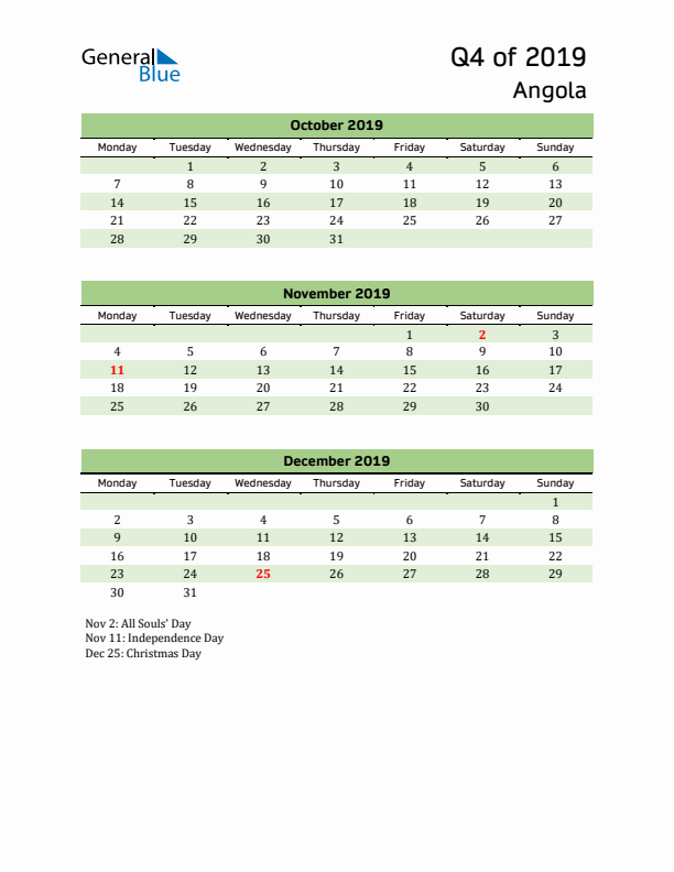 Quarterly Calendar 2019 with Angola Holidays