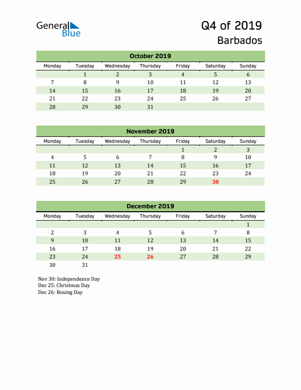 Quarterly Calendar 2019 with Barbados Holidays