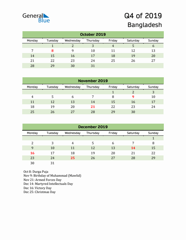 Quarterly Calendar 2019 with Bangladesh Holidays