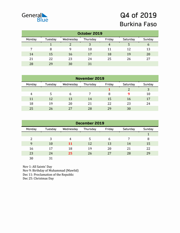 Quarterly Calendar 2019 with Burkina Faso Holidays