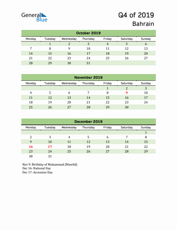 Quarterly Calendar 2019 with Bahrain Holidays