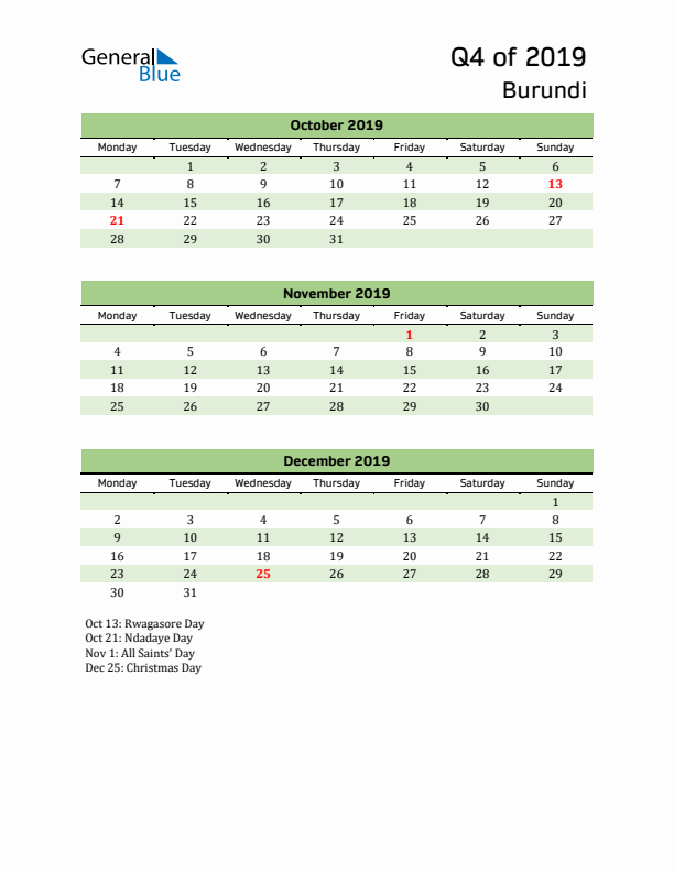 Quarterly Calendar 2019 with Burundi Holidays