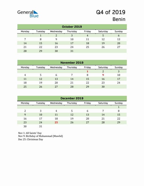 Quarterly Calendar 2019 with Benin Holidays