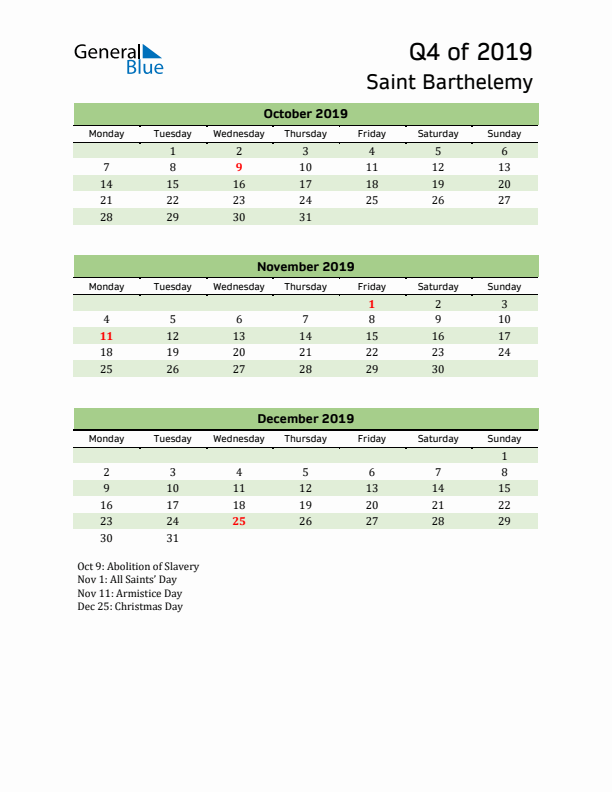 Quarterly Calendar 2019 with Saint Barthelemy Holidays