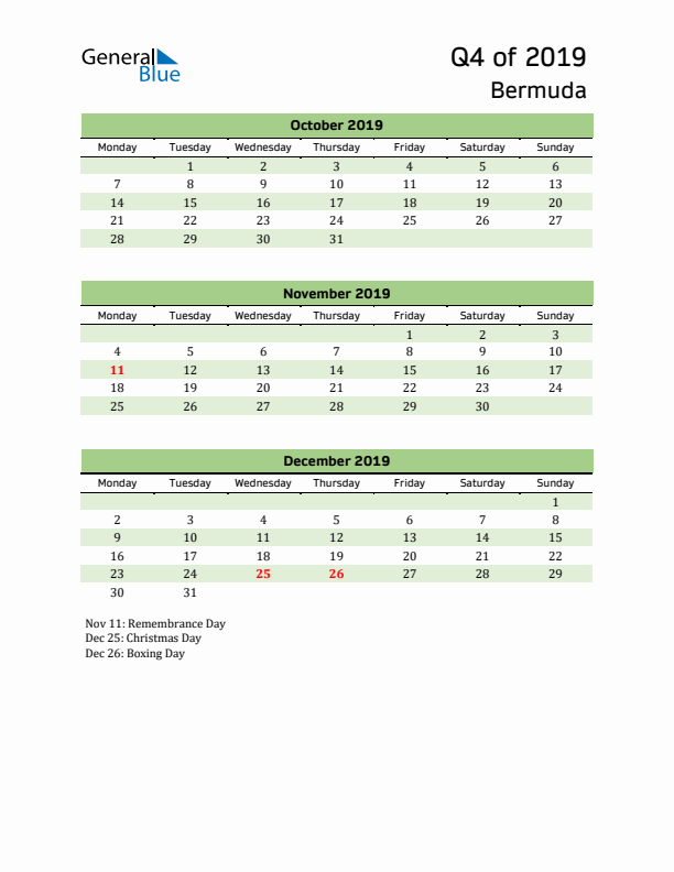 Quarterly Calendar 2019 with Bermuda Holidays