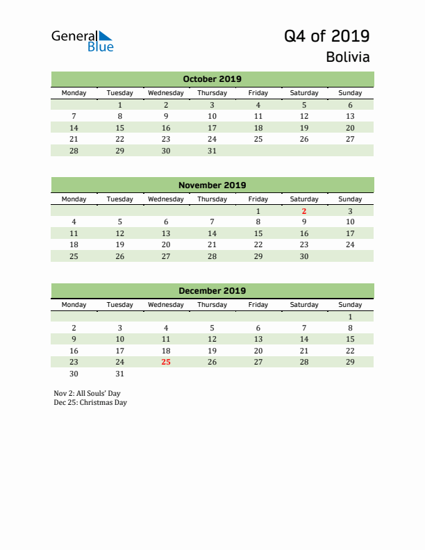 Quarterly Calendar 2019 with Bolivia Holidays