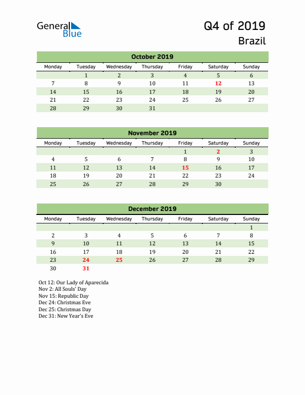 Quarterly Calendar 2019 with Brazil Holidays