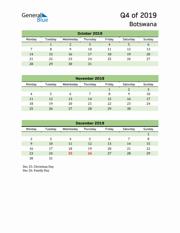 Quarterly Calendar 2019 with Botswana Holidays