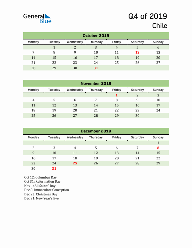 Quarterly Calendar 2019 with Chile Holidays