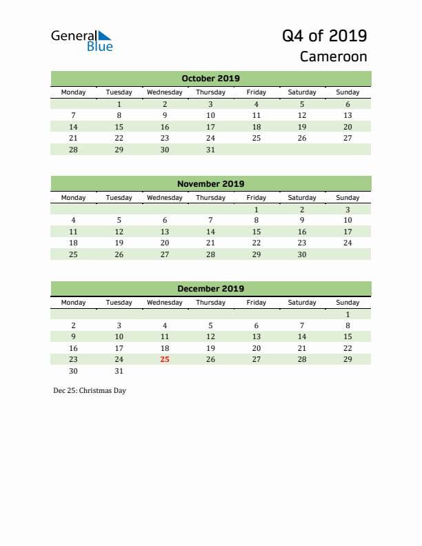 Quarterly Calendar 2019 with Cameroon Holidays