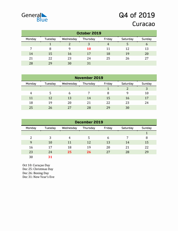 Quarterly Calendar 2019 with Curacao Holidays