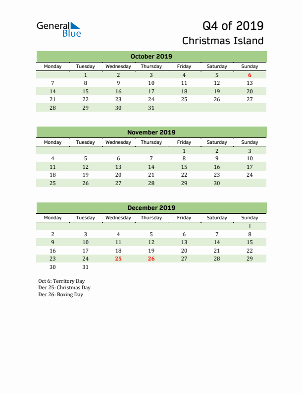 Quarterly Calendar 2019 with Christmas Island Holidays