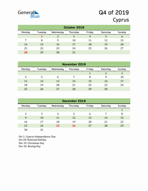 Quarterly Calendar 2019 with Cyprus Holidays