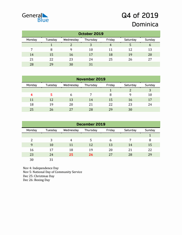 Quarterly Calendar 2019 with Dominica Holidays