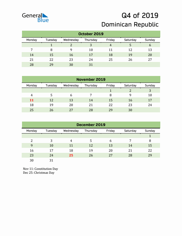 Quarterly Calendar 2019 with Dominican Republic Holidays