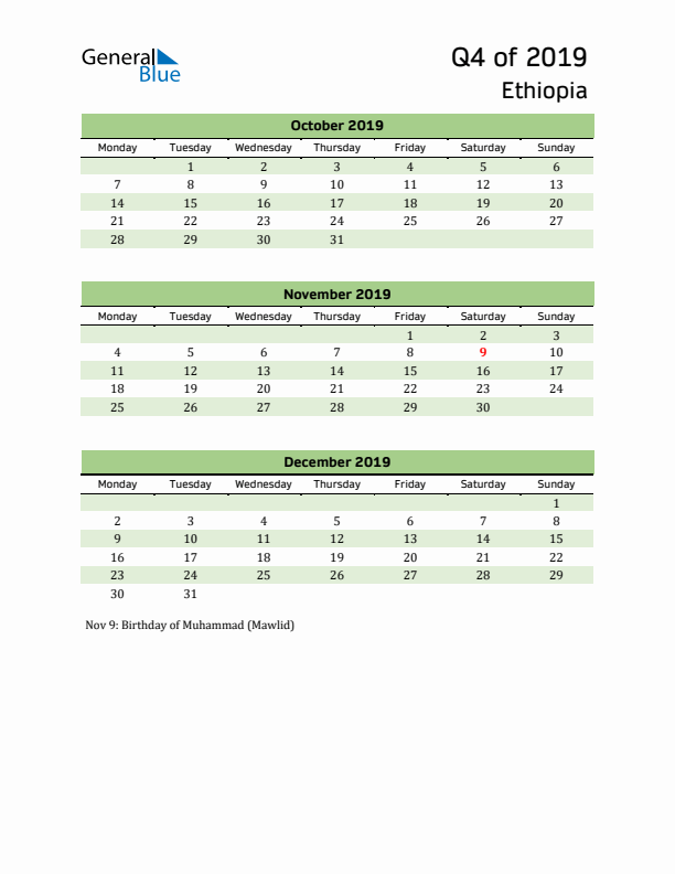 Quarterly Calendar 2019 with Ethiopia Holidays