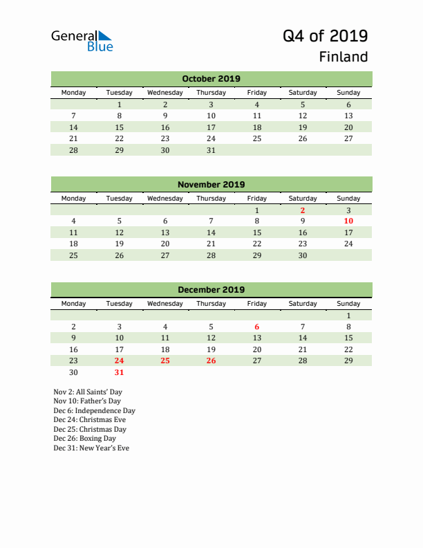 Quarterly Calendar 2019 with Finland Holidays