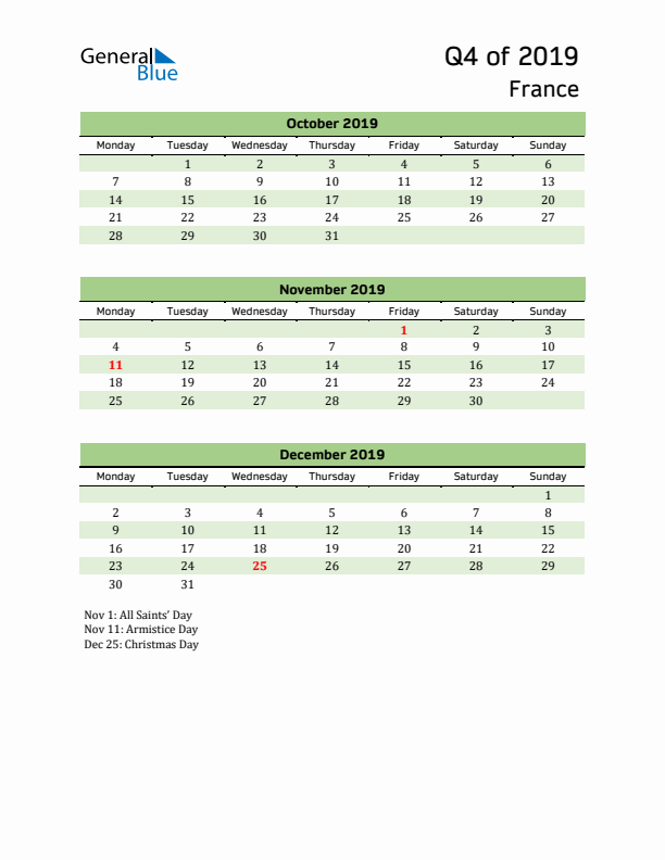 Quarterly Calendar 2019 with France Holidays