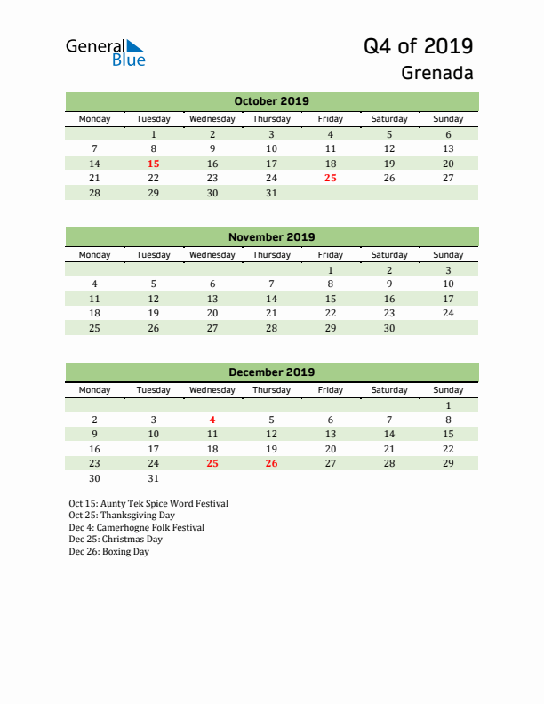 Quarterly Calendar 2019 with Grenada Holidays