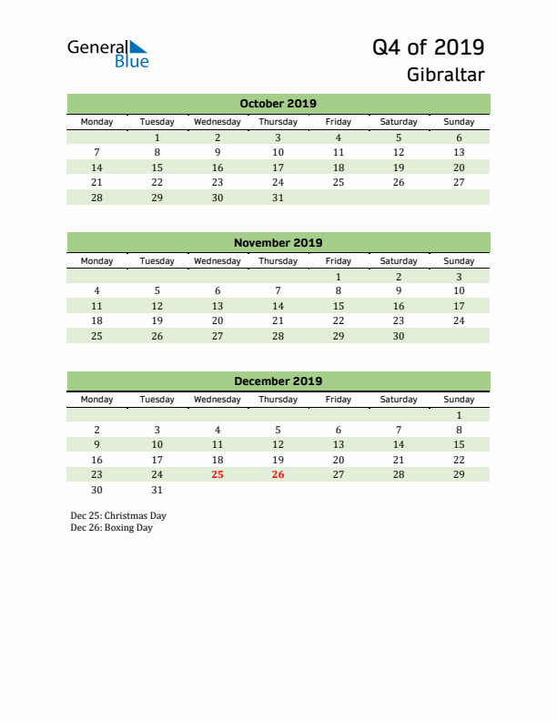 Quarterly Calendar 2019 with Gibraltar Holidays