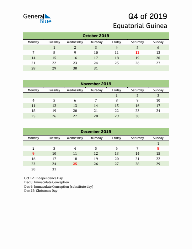 Quarterly Calendar 2019 with Equatorial Guinea Holidays