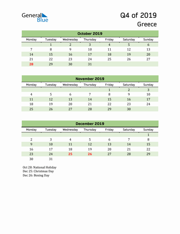 Quarterly Calendar 2019 with Greece Holidays