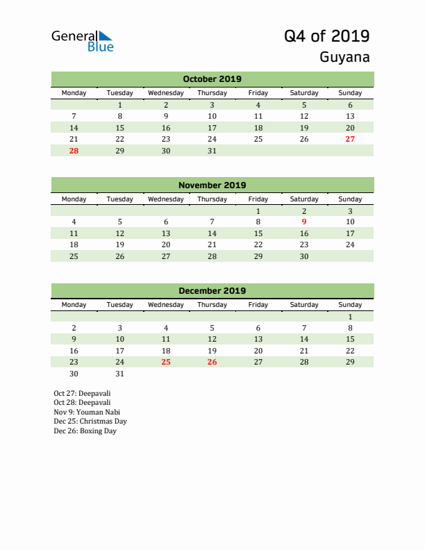 Quarterly Calendar 2019 with Guyana Holidays