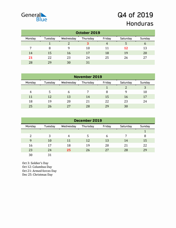 Quarterly Calendar 2019 with Honduras Holidays