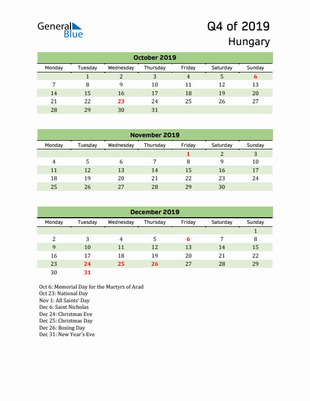 Quarterly Calendar 2019 with Hungary Holidays