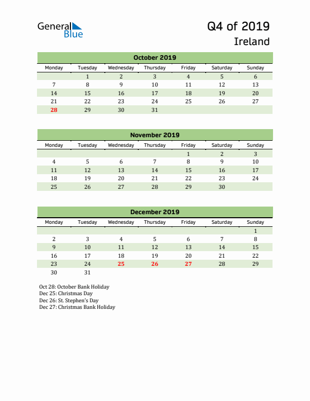 Quarterly Calendar 2019 with Ireland Holidays