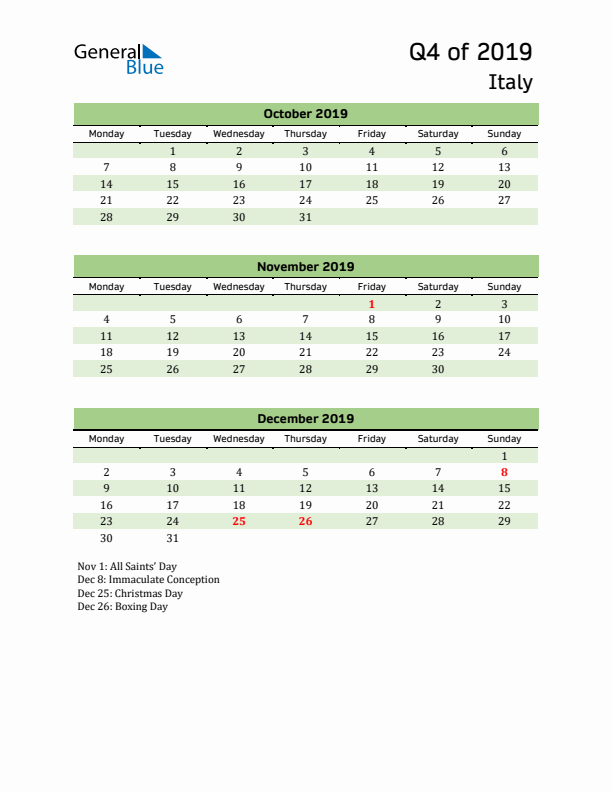 Quarterly Calendar 2019 with Italy Holidays