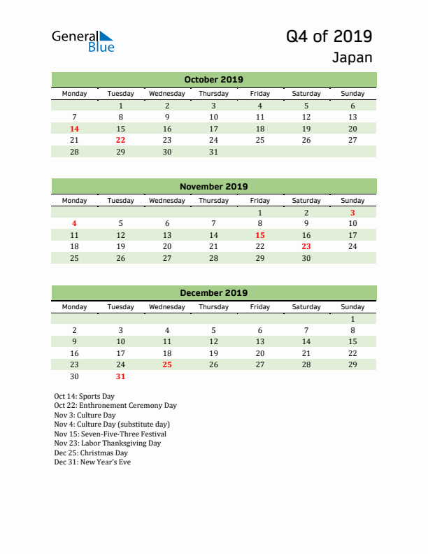 Quarterly Calendar 2019 with Japan Holidays