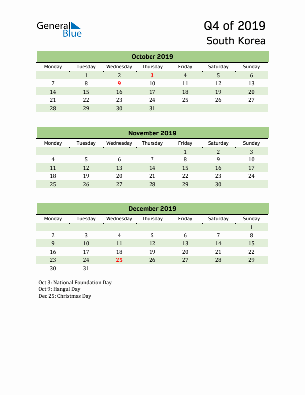 Quarterly Calendar 2019 with South Korea Holidays