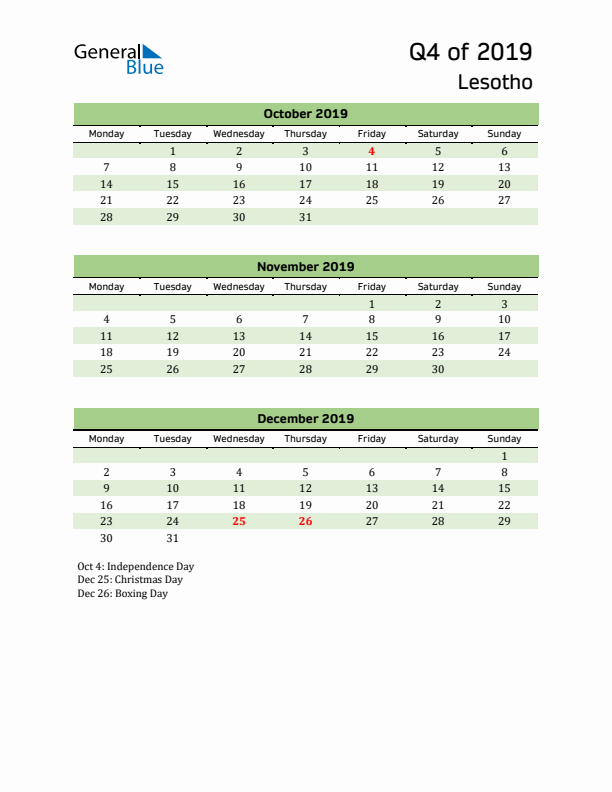 Quarterly Calendar 2019 with Lesotho Holidays