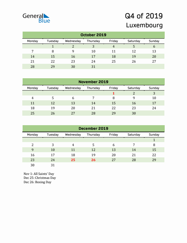 Quarterly Calendar 2019 with Luxembourg Holidays