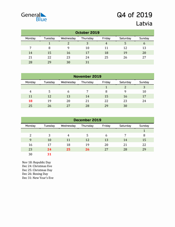 Quarterly Calendar 2019 with Latvia Holidays