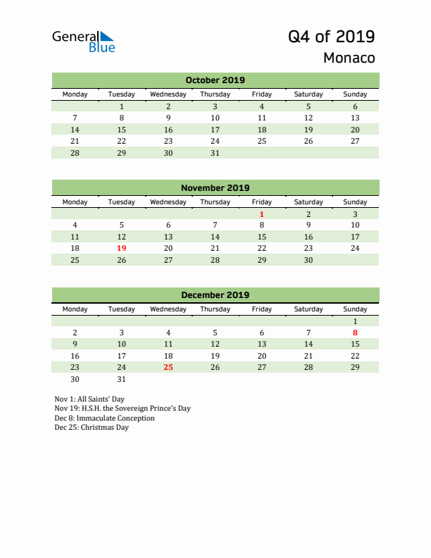 Quarterly Calendar 2019 with Monaco Holidays