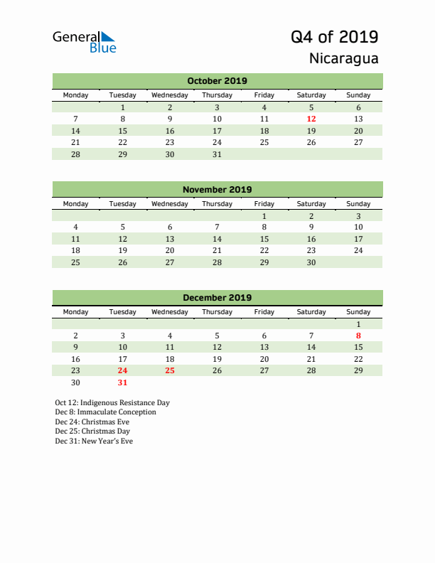 Quarterly Calendar 2019 with Nicaragua Holidays