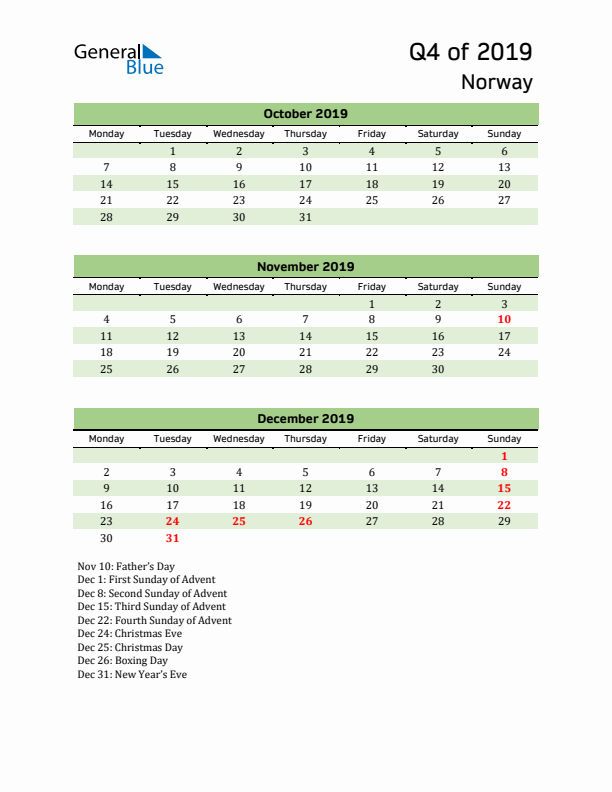 Quarterly Calendar 2019 with Norway Holidays